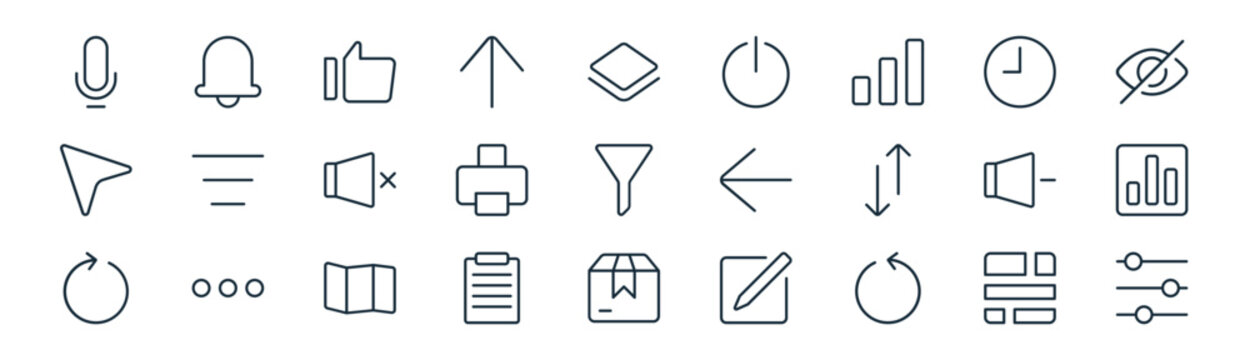 linear essential ui icon pack. vector thin line icons collection such as dashboard, notification, like, clock, print, analytics, package, ting