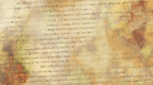 Old manuscript abstract loop with fictitious alchemy text. Grainy paper background.