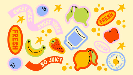 Vintage fruit and cocktail labels with retro cartoon design. Grocery-style paper tags, price stickers and trendy 90s patches.