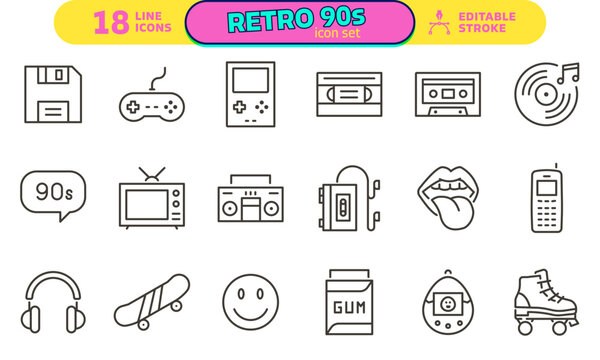 Retro 90s icon set. Thin line editable stroke icons for nostalgic nineties design, vintage electronics, pop culture, retro technology, videogames, music, and throwback branding trends