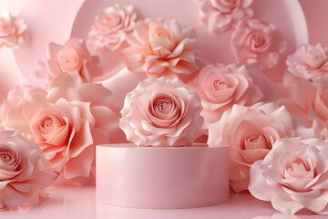 3D podium product presentation with soft pastel rose flowers