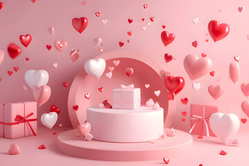 3D podium product display presentation with floating hearts and romantic