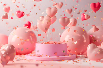 3D render pink podium for product display with heart balloons and confetti