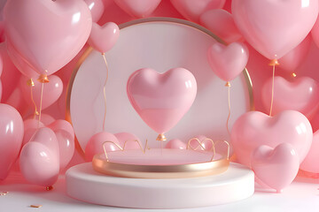 3d pink render circular podium with heart and gold for Valentine Day