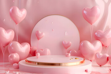 3d pink render circular podium with heart and gold for Valentine Day