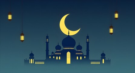 Ramadan Crescent Moon and Mosque Illustration background, minimalist silhouette background