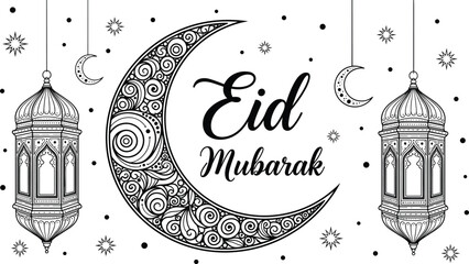 eid mubarak greeting card illustration, islamic crescent moon lantern design, ramadan kareem festival vector art, black white decorative template