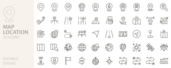Map and location icon set. Navigation, GPS, direction, travel, route, destination, road, navigator icons. Thin line editable stroke vector illustrations. © Pedro