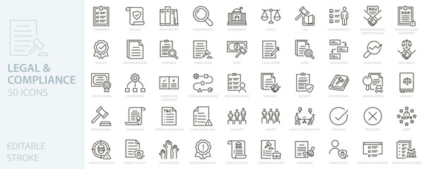 Legal and compliance icon set. Law, audit, data privacy, policy governance, regulatory, regulations icons. Thin line editable stroke vector illustrations.