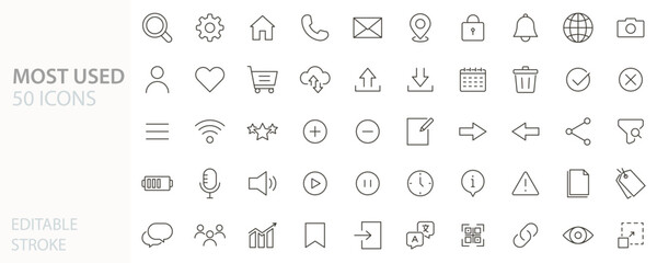 Modern icon set. 50 most used modern icon symbols. Interface symbols, business, finance, commerce, marketing, web design. Thin line vector illustration editable stroke. © Pedro