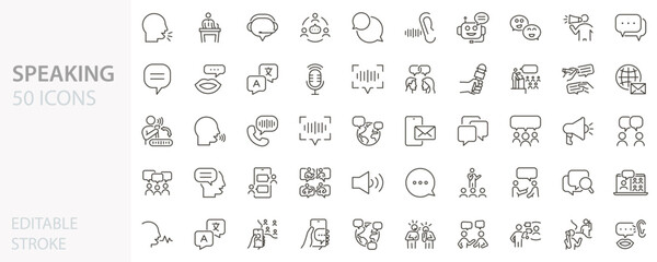 Speaking icons set. Communication icon symbols for talking, conversation, consultation, conference, voice, speech bubble and public speaking. Thin line editable stroke vector. Outline illustration © Pedro