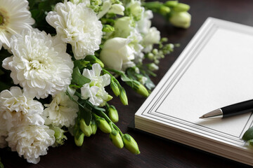 Flowers and note placed together for a funeral ceremony to honor loved ones and express final goodbyes at a memorial service