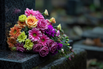 Flowers placed on a grave during a memorial service to honor and remember a loved one lost in a recent farewell ceremony