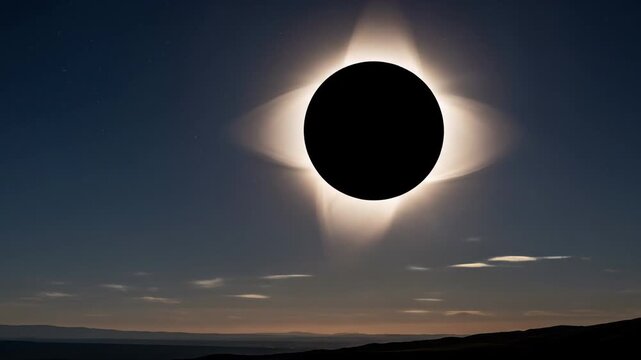 Dramatic solar eclipse over a dark landscape, with the corona shining brightly in the sky.