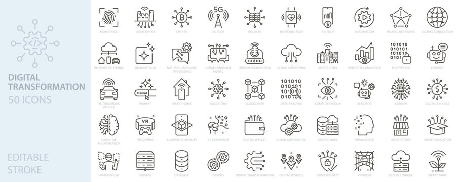 Digital transformation icons set. Artificial intelligence, data, automation, innovation, digitalization, digital services, technology, cloud computing.Thin line editable stroke vector illustrations.