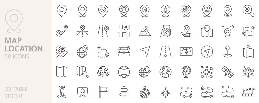 Map and location icon set. Navigation, GPS, direction, travel, route, destination, road, navigator icons. Thin line editable stroke vector illustrations.