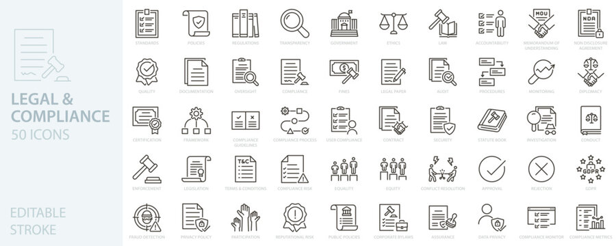 Legal and compliance icon set. Law, audit, data privacy, policy governance, regulatory, regulations icons. Thin line editable stroke vector illustrations.