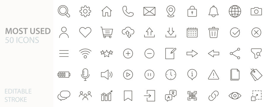 Modern icon set. 50 most used modern icon symbols. Interface symbols, business, finance, commerce, marketing, web design. Thin line vector illustration editable stroke.