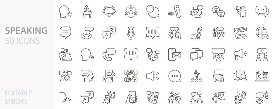 Speaking icons set. Communication icon symbols for talking, conversation, consultation, conference, voice, speech bubble and public speaking. Thin line editable stroke vector. Outline illustration