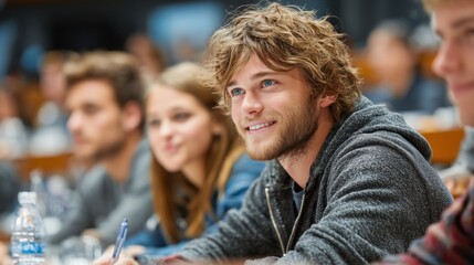 Obraz premium A young man with curly hair smiling while sitting in a classroom with his peers