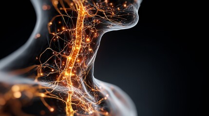 A glowing digital illustration of a human neck and shoulder with a network of orange nerves and fibers