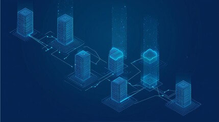 A futuristic digital illustration of a cityscape with glowing blue skyscrapers and neon lights