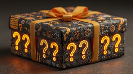 A mysterious gift box with glowing question marks and a golden ribbon on a dark background