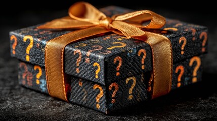A mysterious gift box wrapped in black paper with orange question marks and tied with a golden ribbon