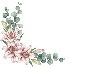 Elegant hand painted watercolor corner frame featuring lilies and eucalyptus in sage and blush pink isolated on white background