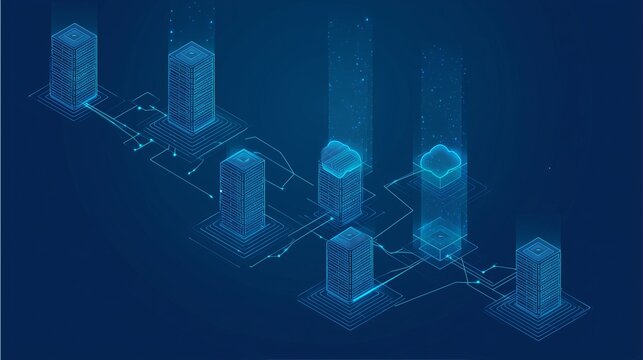 A futuristic digital illustration of a cityscape with glowing blue skyscrapers and neon lights - Powered by Adobe