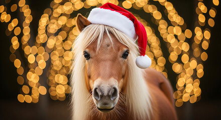 Festive Miniature Horse Wearing Santa Hat with Bokeh Background - Christmas Holiday Greeting