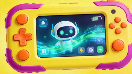 A vibrant yellow handheld AI device for kids with pink/orange accents, rugged buttons, and a screen showing a cute smiling robot astronaut character amid glowing green waves