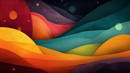 A vibrant abstract illustration of colorful waves and dots in a dark space