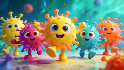 Five adorable, colorful cartoon virus characters with big eyes, smiles, arms, and legs joyfully dance together in a vibrant, glowing microscopic world