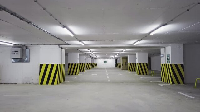 Empty shopping mall underground parking lot or garage interior with concrete stripe painted columns