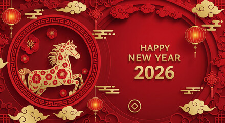 Happy Chinese New Year 2026 Festive Illustration - Traditional Red and Gold Design for Celebrations
