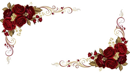 Elegant burgundy and gold floral corner design Dark red flower bouquet for formal certificate or diploma border