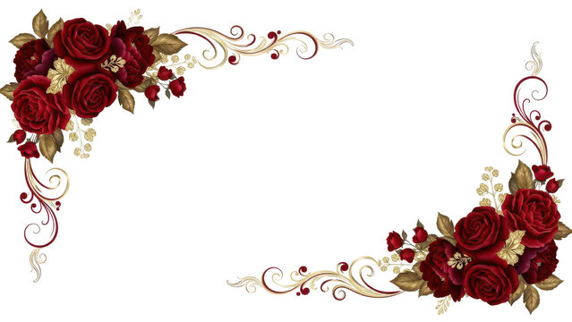 Elegant burgundy and gold floral corner design Dark red flower bouquet for formal certificate or diploma border