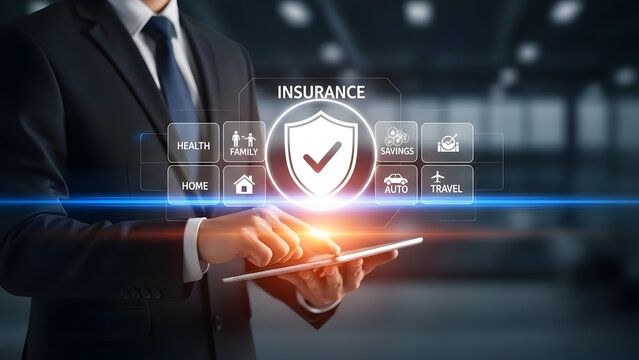 A businessman is using a digital tablet to select an insurance plan, ensuring protection for family, health, home, auto, travel, and savings needs. - Powered by Adobe