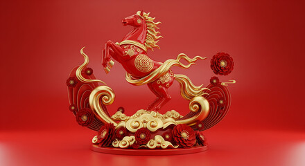 Fototapeta premium Red and Gold Lunar New Year Horse Sculpture - Festive Celebration Concept, 3D Rendering, Wallpaper