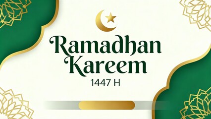 An elegant Ramadhan Kareem 1447 H greeting card featuring a sophisticated green and gold theme. Decorative Islamic patterns and a golden crescent moon create a spiritual and festive atmosphere.