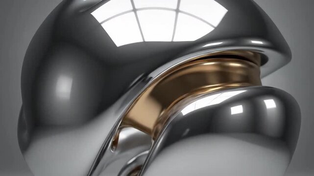 Abstract silver and gold shapes interlock in a smooth, flowing design.