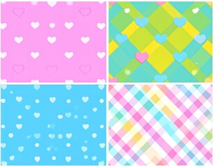 Four colorful patterns, including hearts and a checkered design, with a soft, airy aesthetic