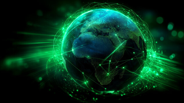 Futuristic glowing Earth with green data connections, global technology network, artificial intelligence, dark background, with copy space - Powered by Adobe