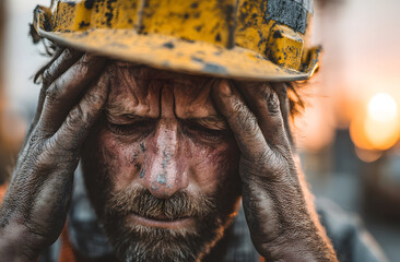 Construction worker at sunset. Man in yellow safety helmet at construction site. Hard labor job, job stress, mental health issues, burnout, exhaustion. Emotional worker in despair, worry during day.