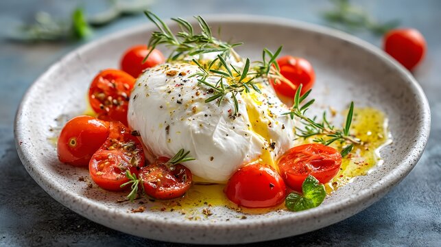 Creamy burrata cheese with cherry tomatoes and fresh rosemary, drizzled with olive oil