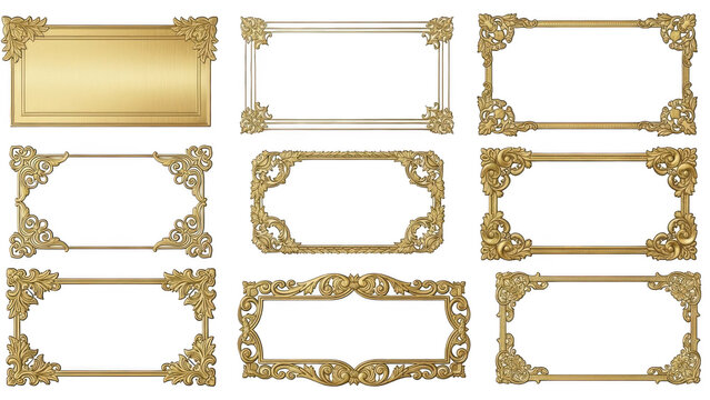 Collection of elegant gold frames isolated on transparent background