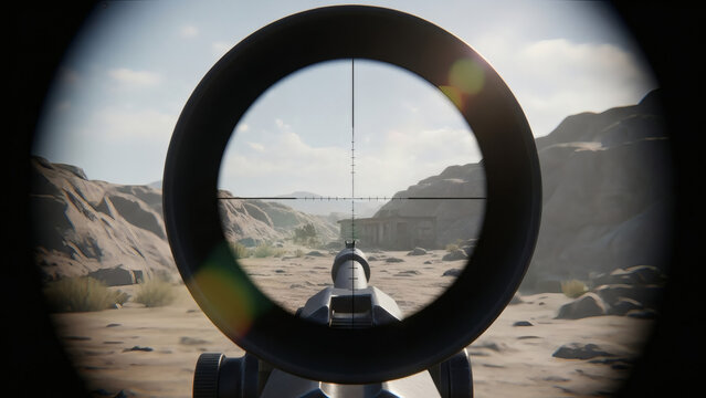 A first-person shot&mdash;the view through a sniper rifle's optical scope. The crosshairs rest on a shattered window on the 5th floor of a distant apartment building. Movement in the window&mdash;a human silhouet
