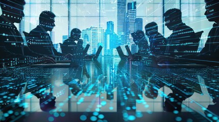 Business Professionals Using Digital Devices in Modern Office with City Skyline Background