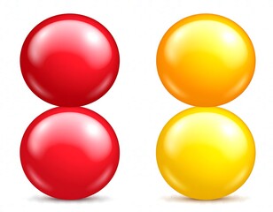 Four glossy, spherical shapes in pairs, red and yellow, with highlights and shadows, casting gentle reflections on a white background